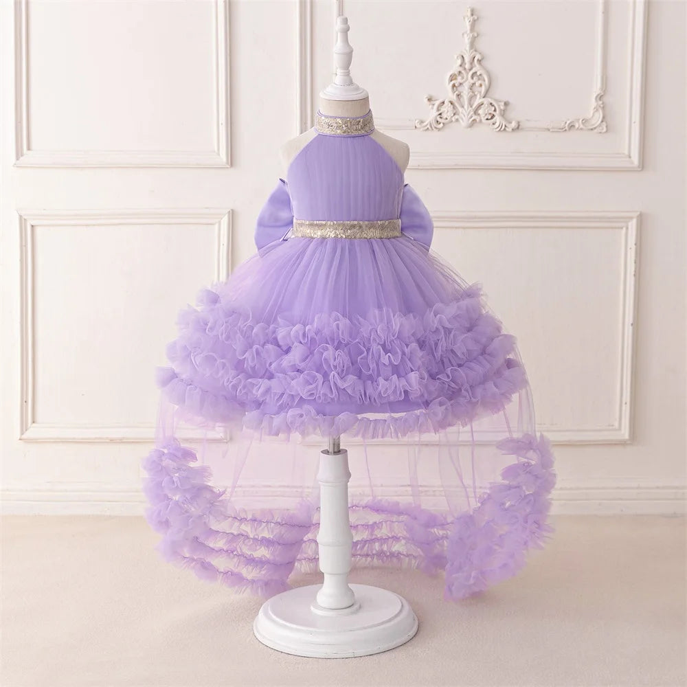 Trailing Big Bow Party Baby Girls Dresses Sequin Baptism Bridesmaid Costume Toddler Birthday Princess Dress Wedding Evening Gown