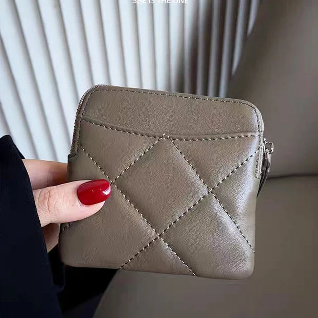 Sheepskin Luxury Woman Coin Purse Genuine Leather Plaid Zipper Lady Card Wallet Spring Summer Fashion Customized Card Holder Bag