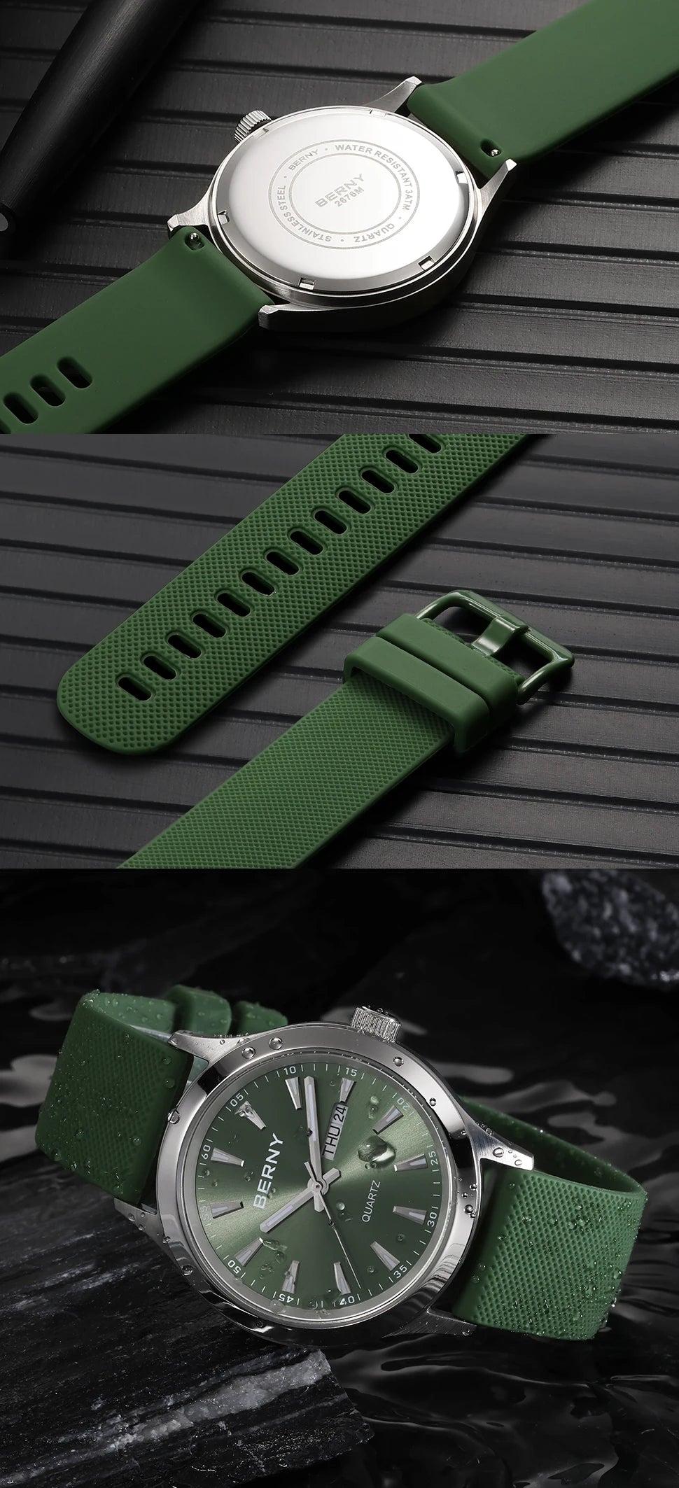 BERNY Watches for Men 40mm Luminous Elegance Dress Quartz Watch Calendar Week Luxury Waterproof Casual Business Men's Wristwatch
