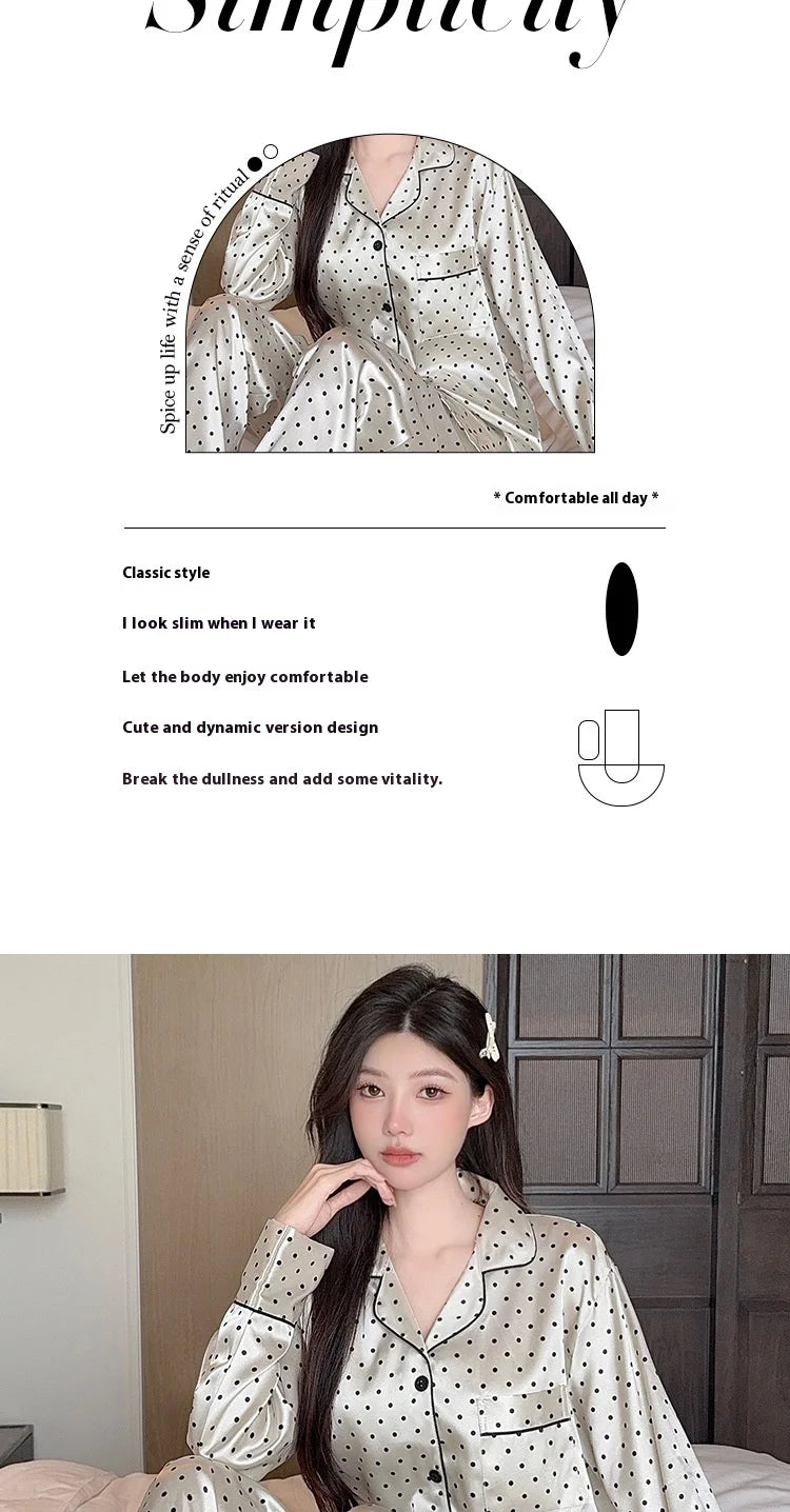 Spring and Autumn Summer Black Polka Dot Ice Silk Pajamas Women's New Long Sleeve Long Pants Net Red Simple Casual Homewear Set