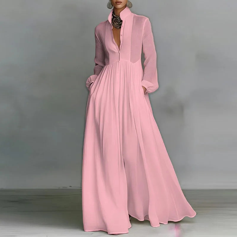 Bohemian Stand Collar Button Maxi Shirt Dress Woman Elegant High Waist Solid Party Dress Spring Long Sleeve Loose Casual Dresses