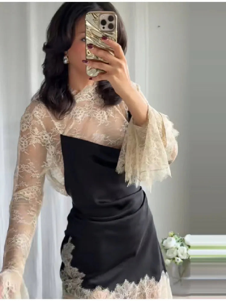 Elegant Fashionable Short Dress Lace Stitching Trendy Stylish Party Dresses Modest Dignified Sweet France Romantic Women Outfit