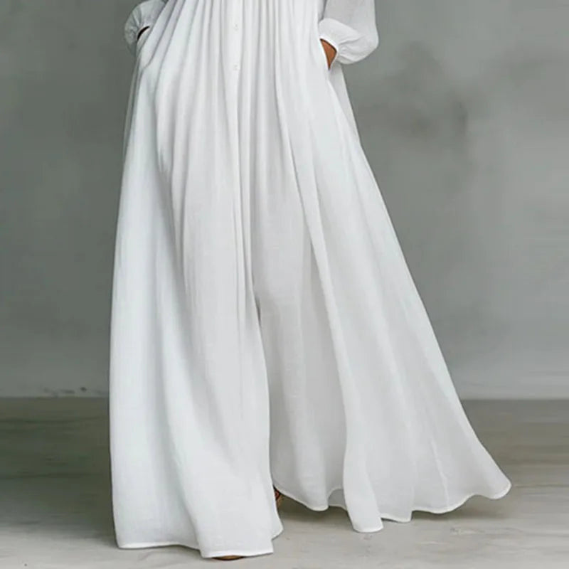 Bohemian Stand Collar Button Maxi Shirt Dress Woman Elegant High Waist Solid Party Dress Spring Long Sleeve Loose Casual Dresses
