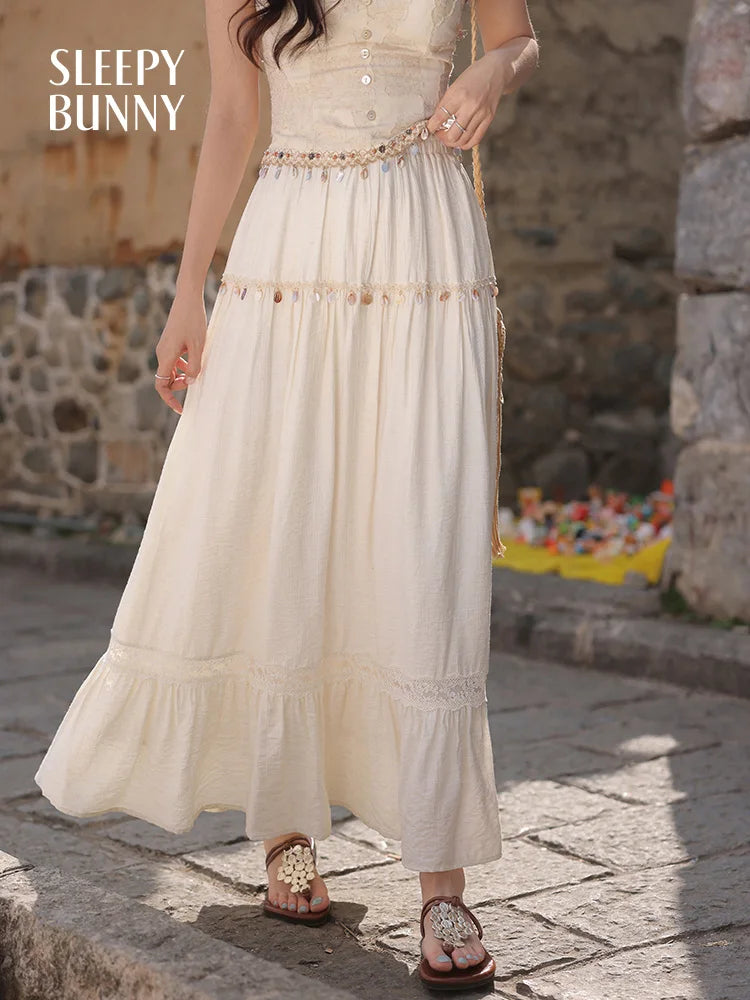 White Lace Three-Piece Set Spring Summer Slim Fit V-Neck Lace Cami Top High-Waisted A-Line Maxi Skirt Chic Red Fashion Shirt