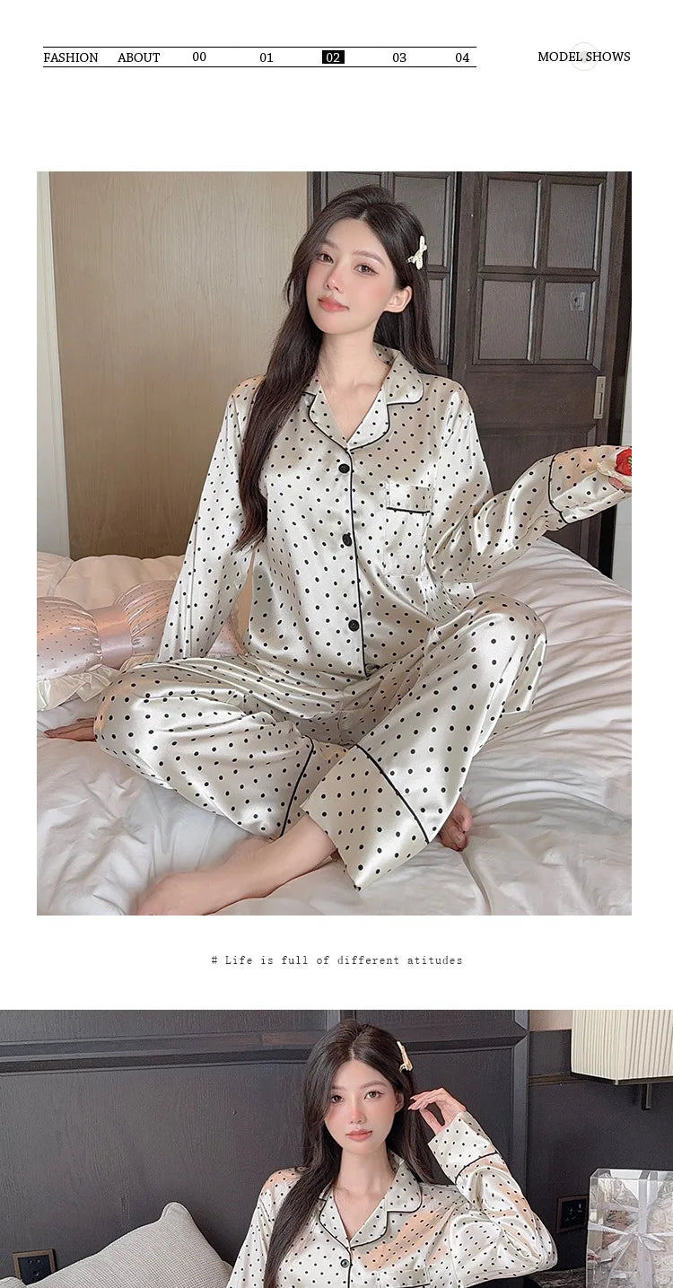 Spring and Autumn Summer Black Polka Dot Ice Silk Pajamas Women's New Long Sleeve Long Pants Net Red Simple Casual Homewear Set