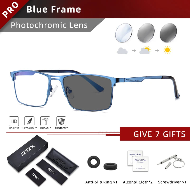 SZTZX Men Business Reading Glasses Anti Blue Light Myopia Prescription Eyeglasses Ultralight Photochromic Optical Sunglasses