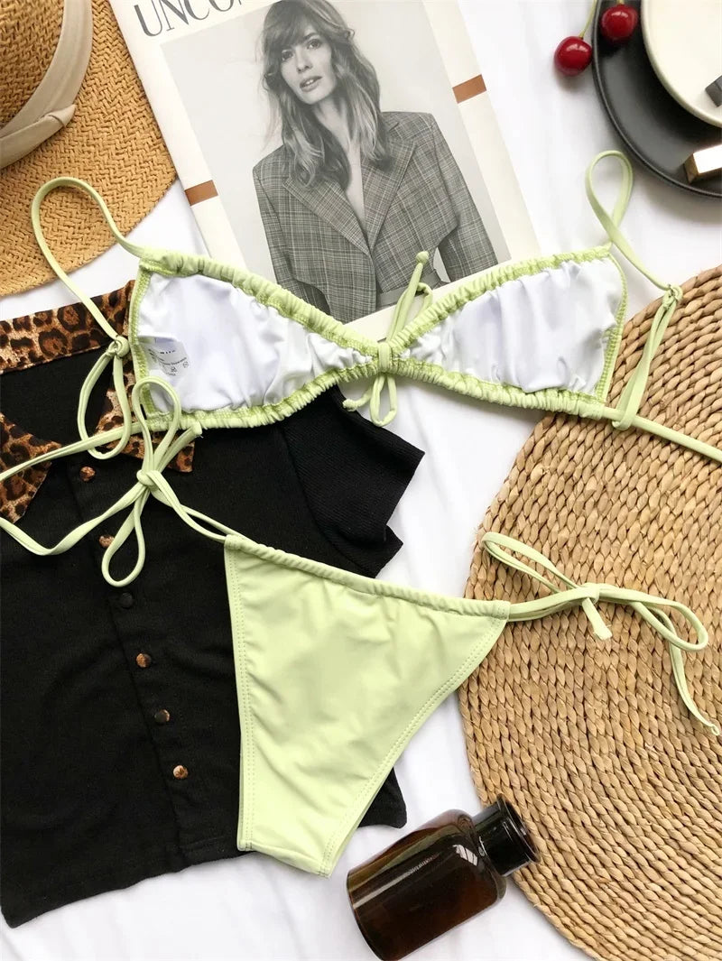 Sexy Wrinkled Micro Mini Thong Bikini Female Swimsuit Women Swimwear Two-pieces Bikini set Bather Bathing Suit Swim Beach Wear