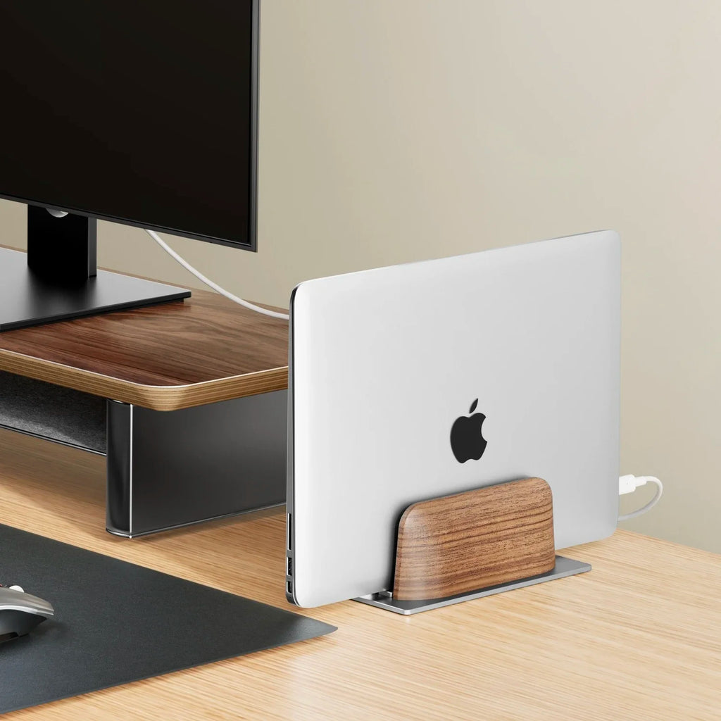 Vertical Laptop Stand Slot Walnut Wooden Laptop Holder Vertical for Desk Width Adjustable Dock with Non-slip Mat for MacBook