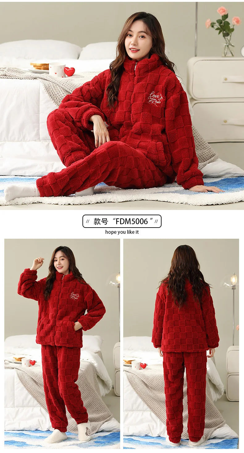 Women's Winter Flannel Pajamas Set Standing Neck Zippered Cardigan Sleepwear Coral Fleece Homewear Thick Warm Female Sweatshirt