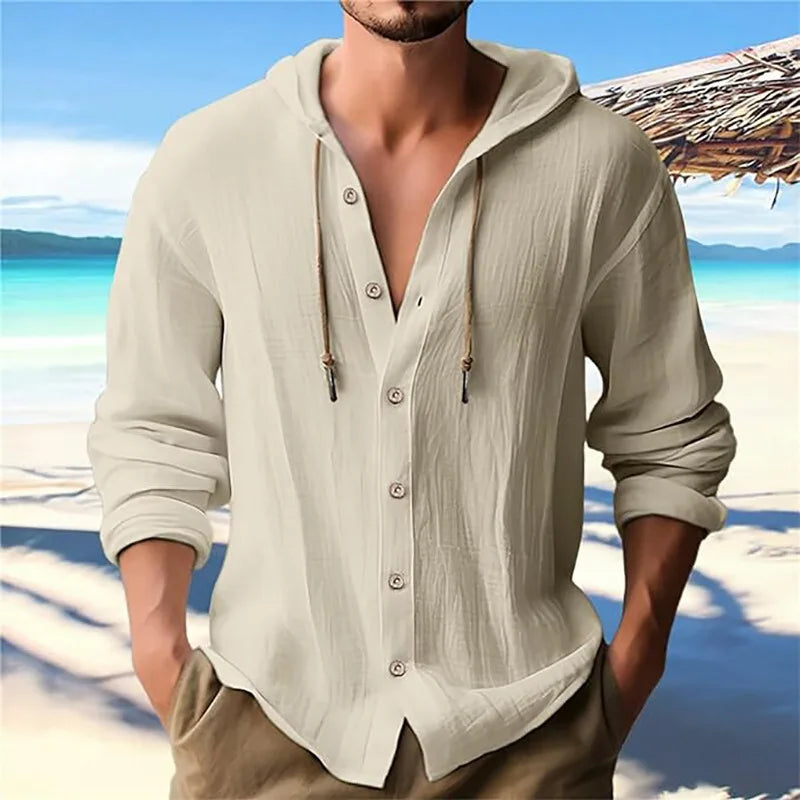 Men's solid color casual shirt, hooded drawstring cotton and linen cardigan, trendy and versatile loose beach T-shirt
