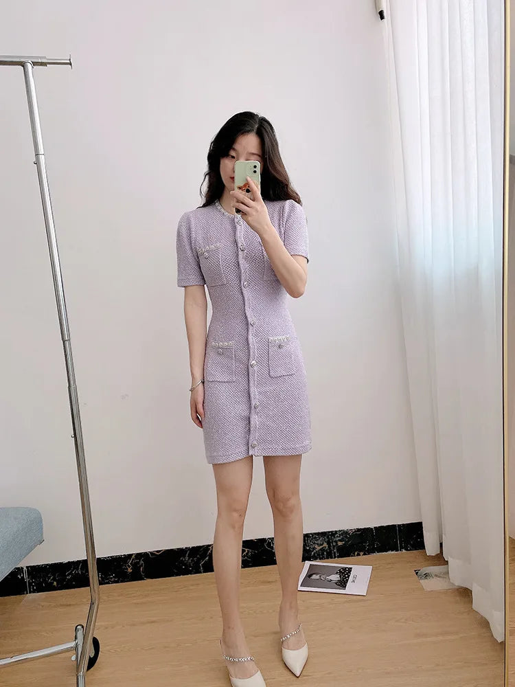 Luxury Crystal Knitted Dresses Women's 2026 Summer Holiday Single Breasted Pearl Sequins Flower Pencil Evening Party Vestidos