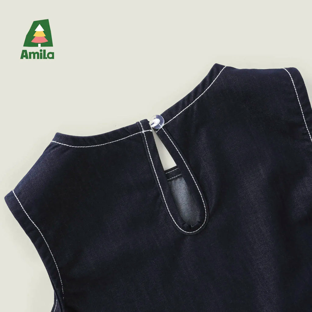 Amila 2026 Girls Summer Set Navy Blue Top Wide Pants 2025 Fashion Heart Embroidery Ruffle Casual Trendy Kids Outfit Sleeveless
