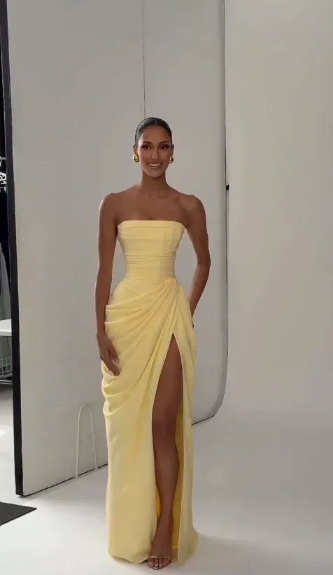 Yellow Strapless Pleated Dress Women Elegant Sexy Sleeveless Waist Cinching Split Maxi Gowns 2026 Lady New Evening Party Dresses