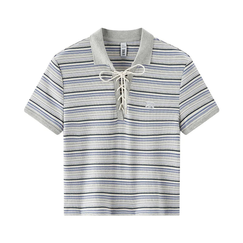 Semir Polo Shirt Women Cropped Slim Fit Tie Detail 2025 New Summer Cool Feeling Striped Top Retro for Trendy and Casual Looks