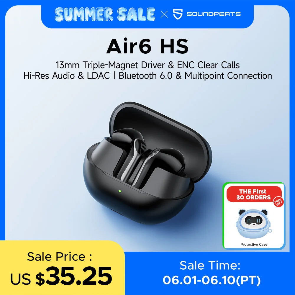 SOUNDPEATS Air6 HS Wireless Earbuds, Bluetooth 6.0 Headphones with 13mm Triple-Magnet Driver, LDAC Hi-Res Audio,Immersive Sound