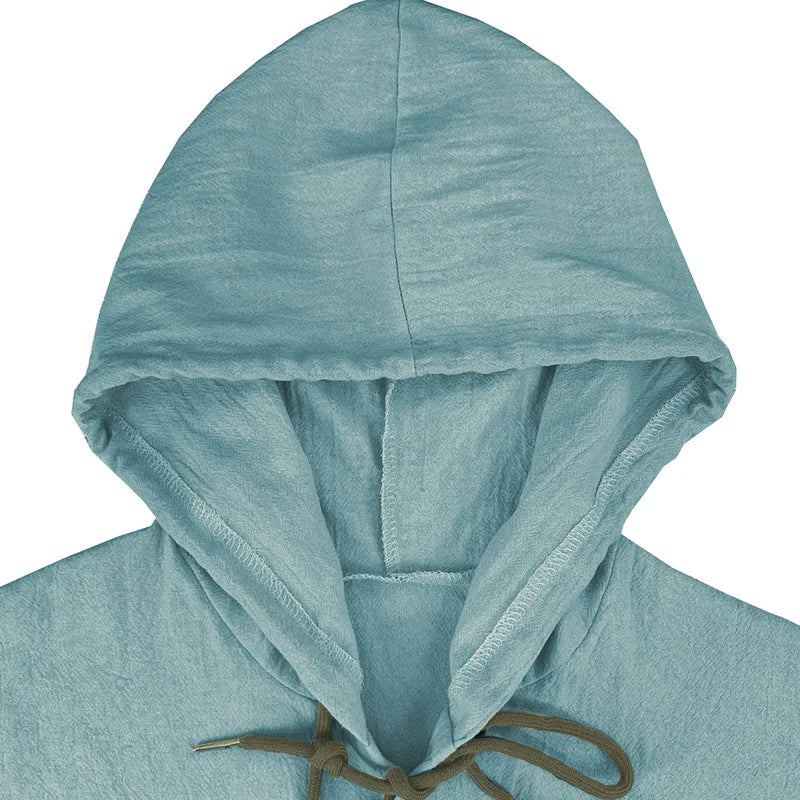 Men's solid color casual shirt, hooded drawstring cotton and linen cardigan, trendy and versatile loose beach T-shirt