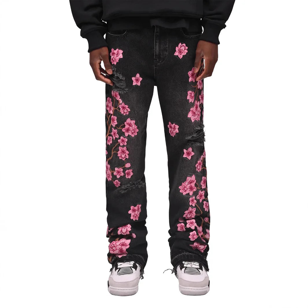 Men's high-street ripped jeans with floral embroidery patchwork, trendy street-style distressed flared jeans