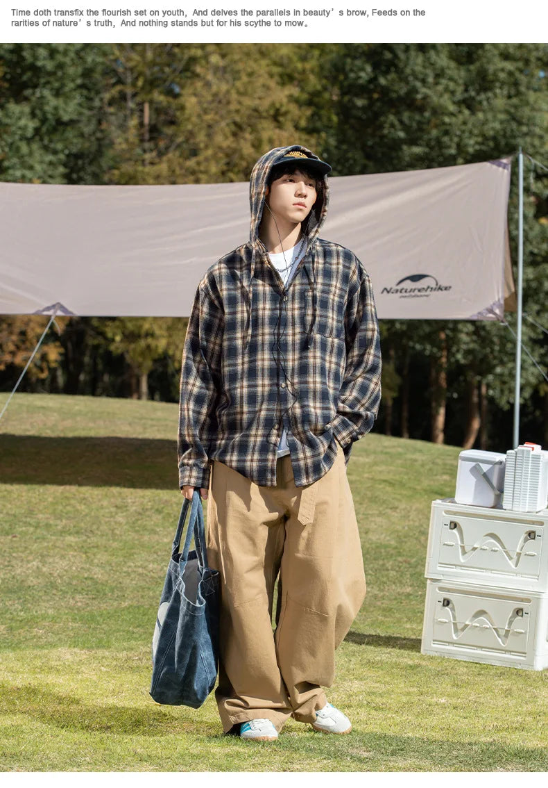 TFETTERS Brand Hooded Shirts Mens Plaid Spring Summer 2025 New Vintage Shirts Male Long Sleeve Fashion Streetwear Mans Coat