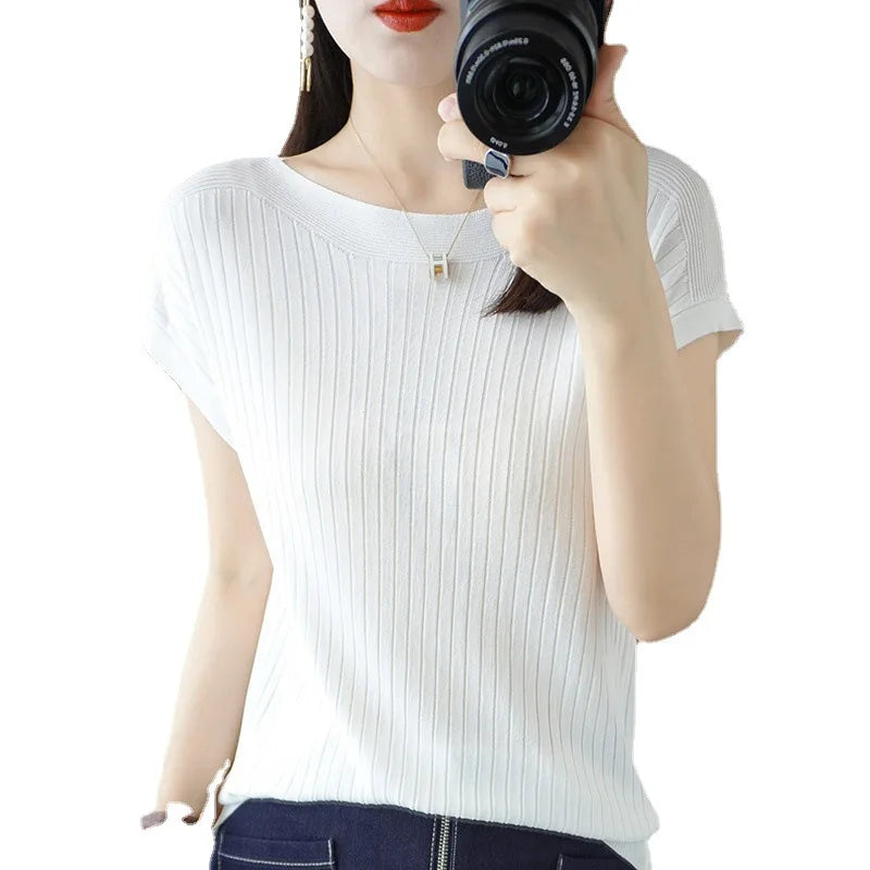 Spring Summer T-shirt Women Short Sleeves Slim Striped Innerwear Slash Neck Fashion Korean Loose Knitted T-shirt Sweater 2026