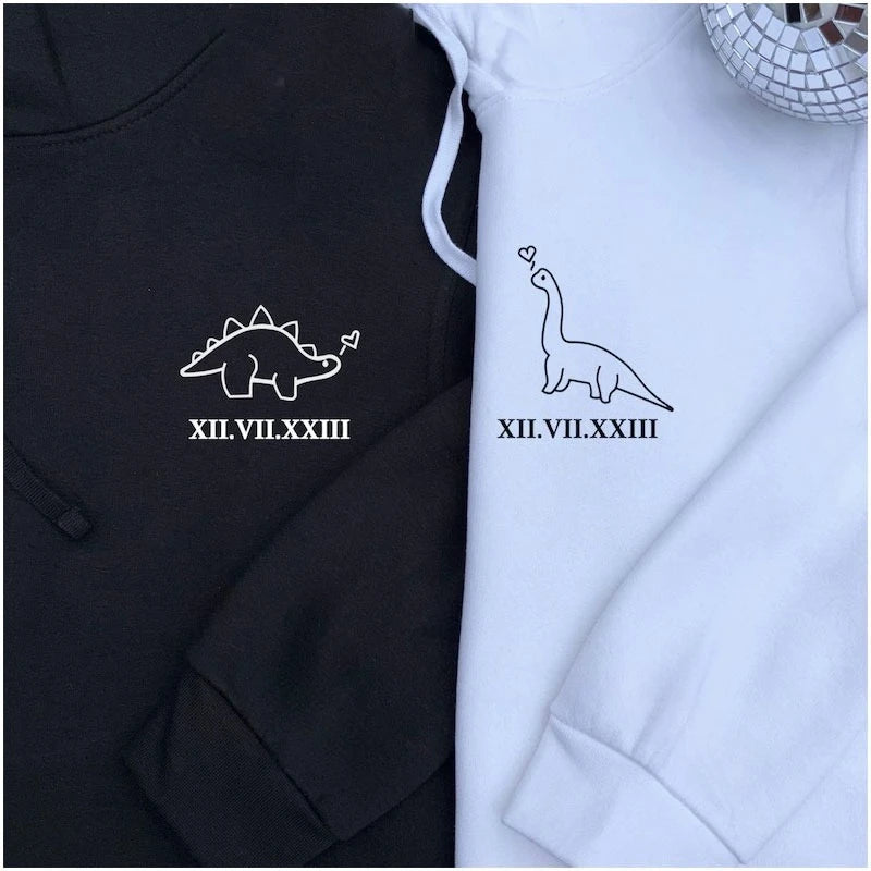 Couples  Hoodies Matching Dino Dinosaur Hoodie Custom Date Roman Numerals Matching Anniversary Gift Women Men Tops Long Sleeve