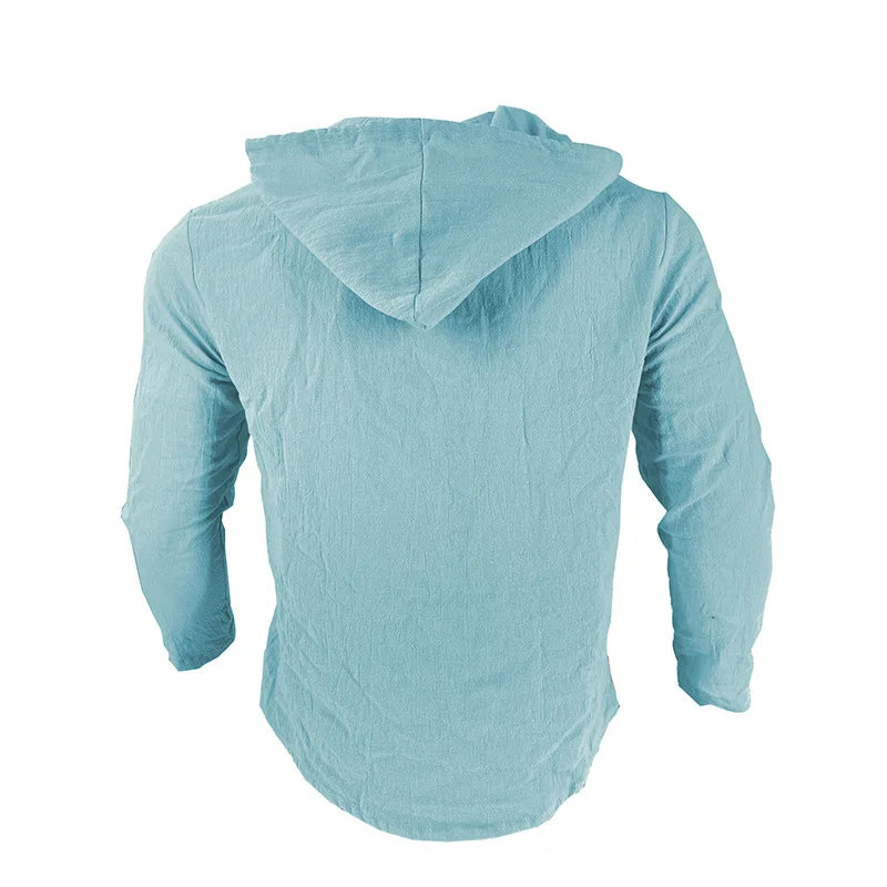 Men's solid color casual shirt, hooded drawstring cotton and linen cardigan, trendy and versatile loose beach T-shirt