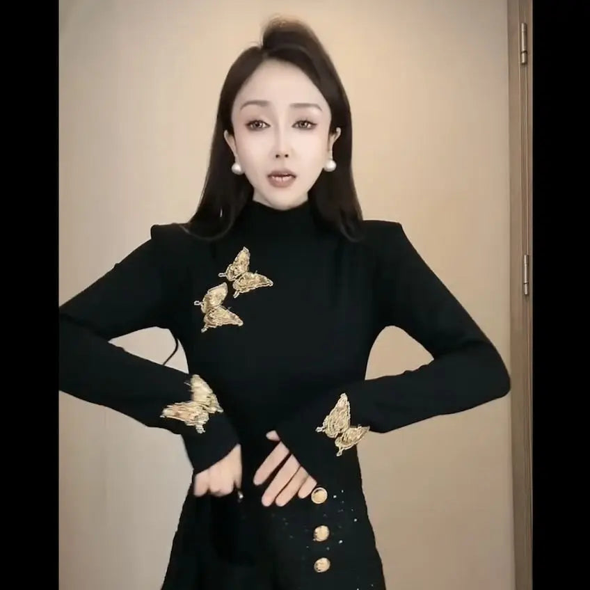 Autumn Winter Half High Collar Long Sleeve Fashion T-Shirts Women High Street Casual Embroidered Patchwork All-match Pullovers