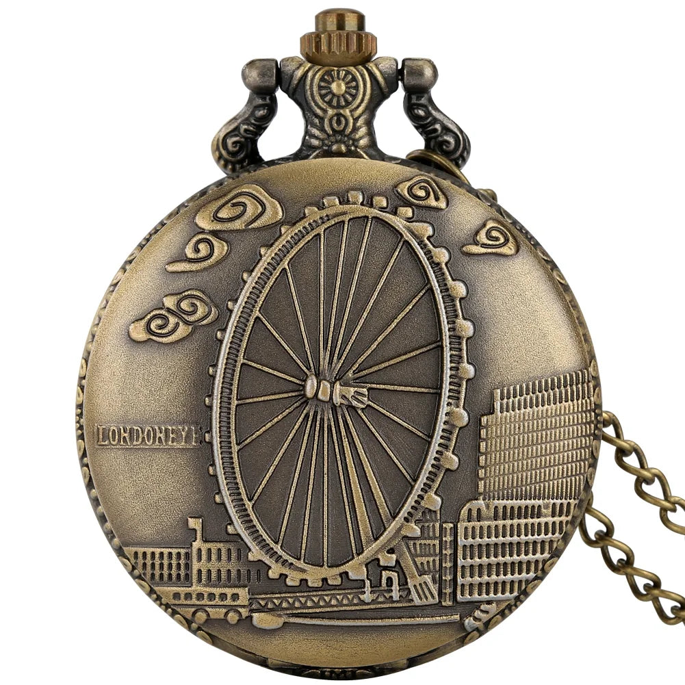 Vintage Bronze London Eye/Big Ben/Bridge Stone Men's And Women's Pocket Watch Necklace Famous Scenic Spot Series Gifts