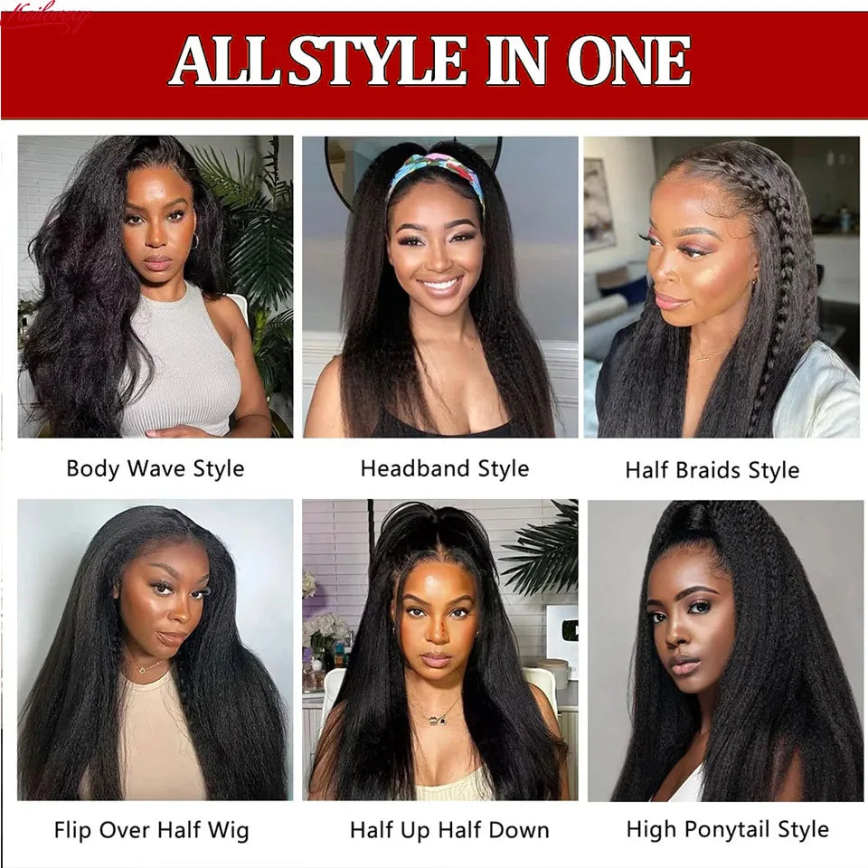 3 In 1 Half Wigs Human Hair Kinky Straight 220% Density Glueless Wear And Go Human Hair Wig No Lace Flip Over Half Wig
