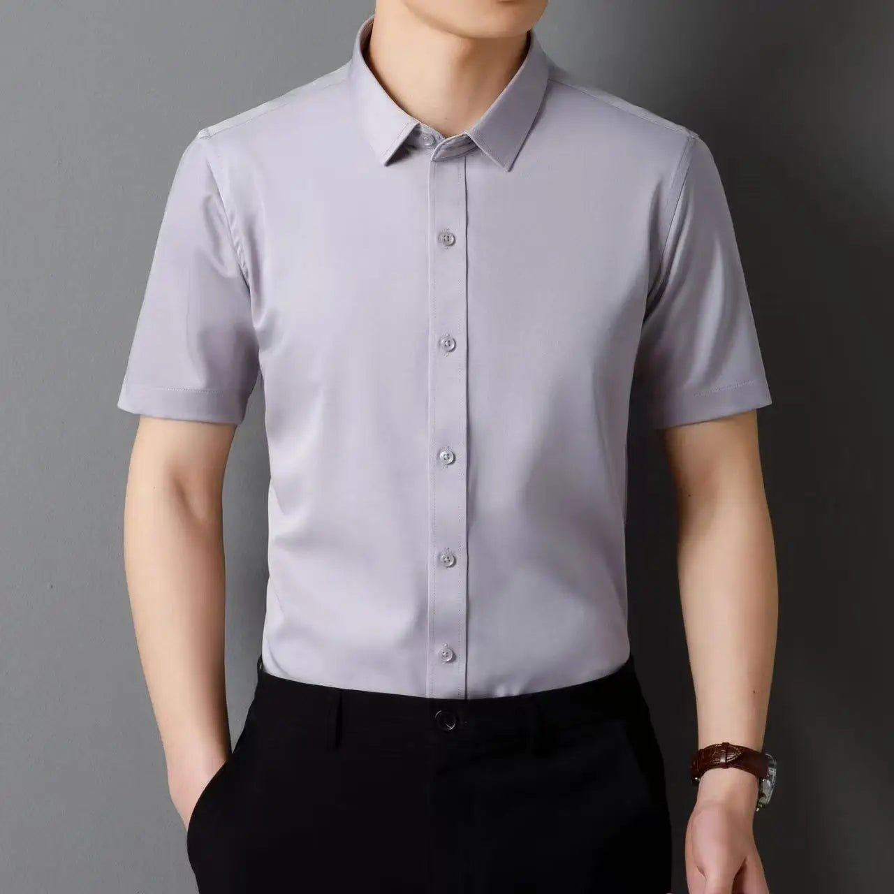 Men's Short Sleeve Shirts Summer Solid Color Polyester Turn Down Color Standard Fit Fashion Elegant Business Smart Dress Shirts