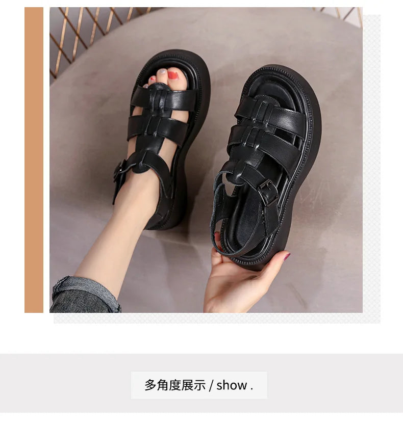 GKTINOO Summer Mixed Color Genuine Leather Sandals Roman Shoes Platform Wedges Woven Thick Soled Sandals Women Shoes Large Size