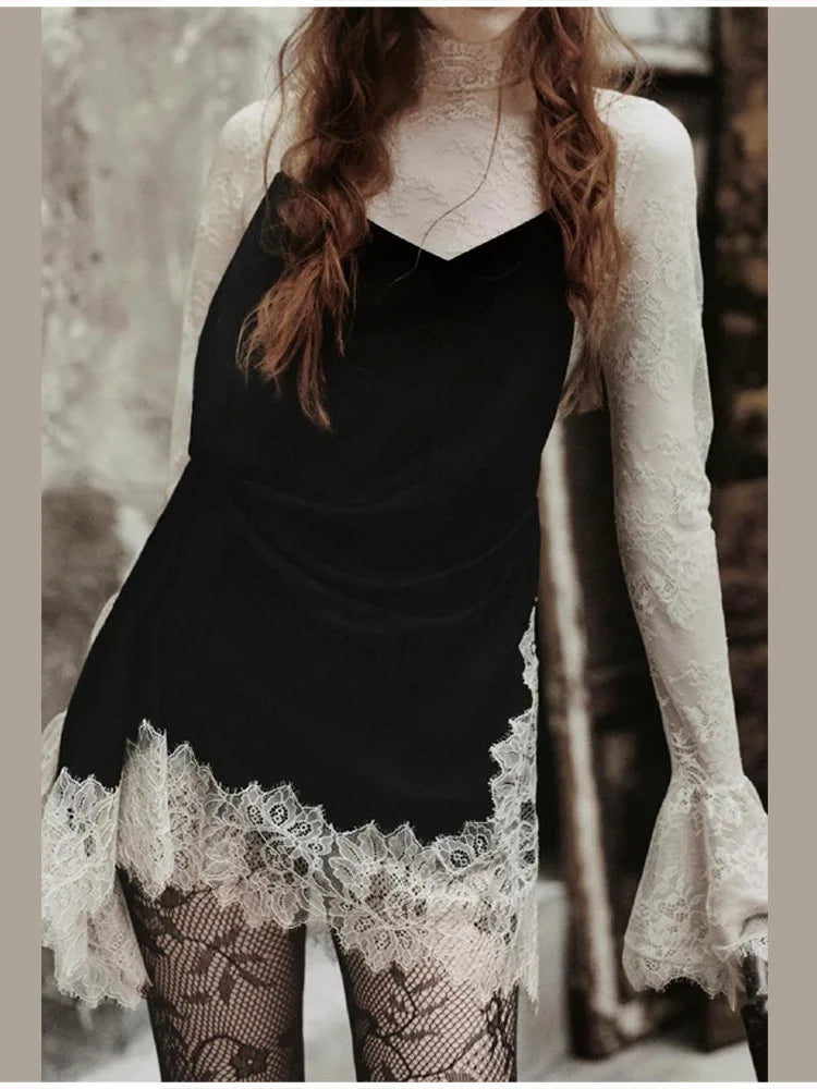Elegant Fashionable Short Dress Lace Stitching Trendy Stylish Party Dresses Modest Dignified Sweet France Romantic Women Outfit