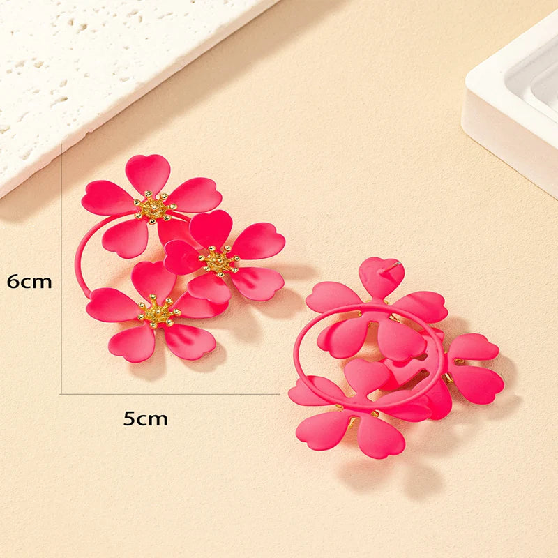 Obega Women Neon Pink Color Flowers Earring Stud Yellow Paiting Color Flower Sweet Summer Holiday Post Earrings Trendy Elegant