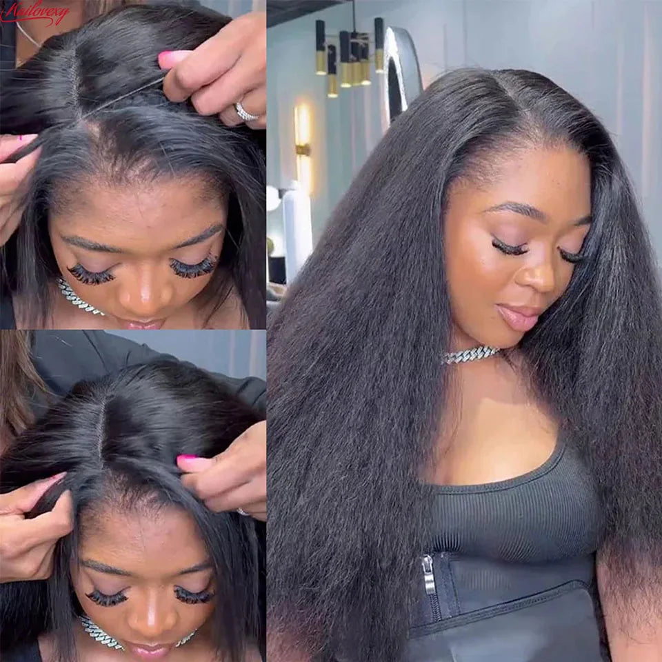 3 In 1 Half Wigs Human Hair Kinky Straight 220% Density Glueless Wear And Go Human Hair Wig No Lace Flip Over Half Wig