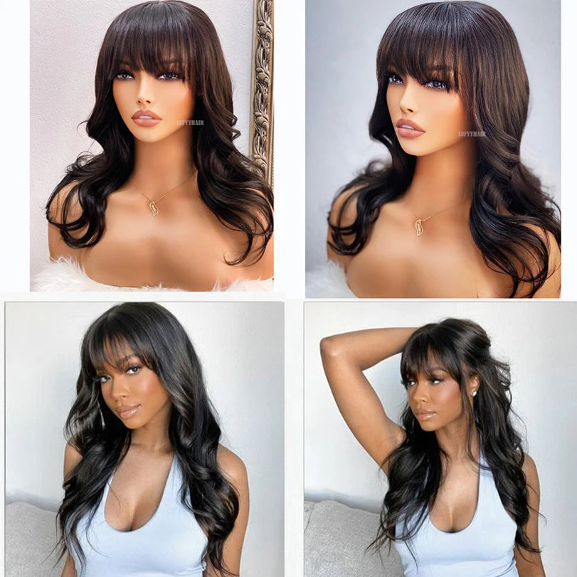 Body Wave Human Hair Wigs With Bangs 5x5 PU Silk Base Closure Wig 150% Density Malaysian Remy Hair Wavy Wigs For Women