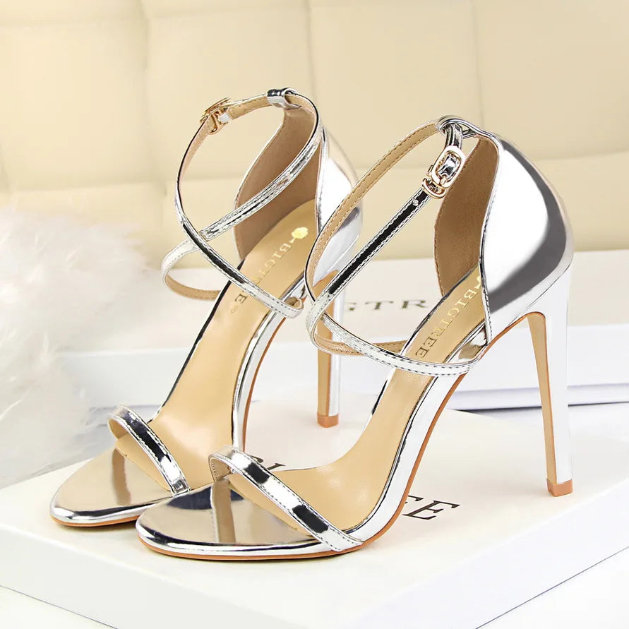 Women Fetish 8cm 11cm High Heels Summer Mid Low Heels Champagne Gold Sandals Roman Pumps Lady Gladiators Stiletto Stripper Shoes