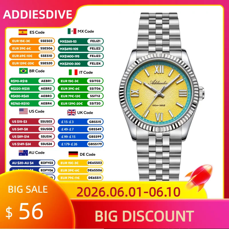 ADDIESDIVE 2025 NEW Colorful Dial Quartz Watch For Men VH31 Movement Stainless Steel Sapphire Glass 100M Waterproof Dive Watches