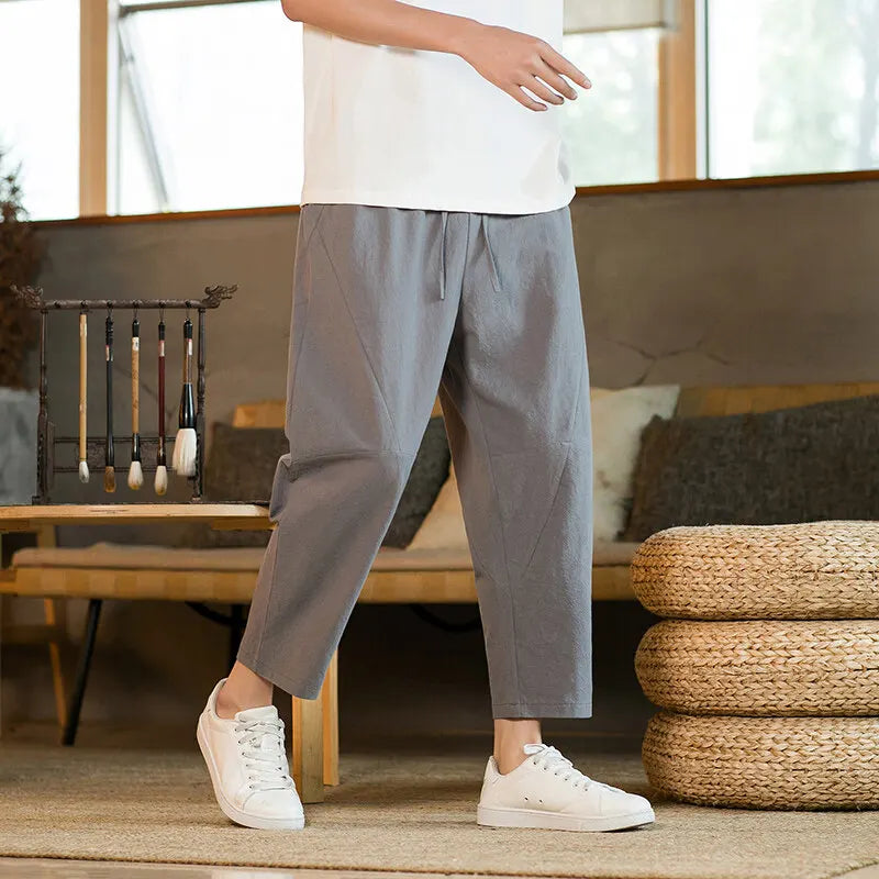 Comfortable and Breathable 100% Cotton Ankle Length Pants Summer Casual Pants Man Trendy Japanese Loose Pants Men