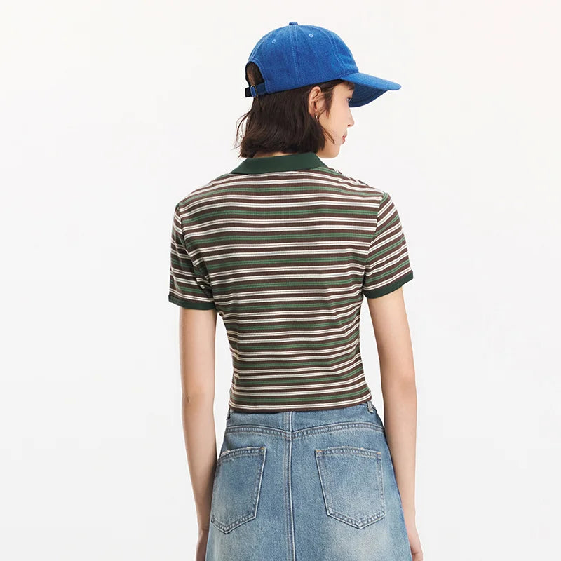 Semir Polo Shirt Women Cropped Slim Fit Tie Detail 2025 New Summer Cool Feeling Striped Top Retro for Trendy and Casual Looks