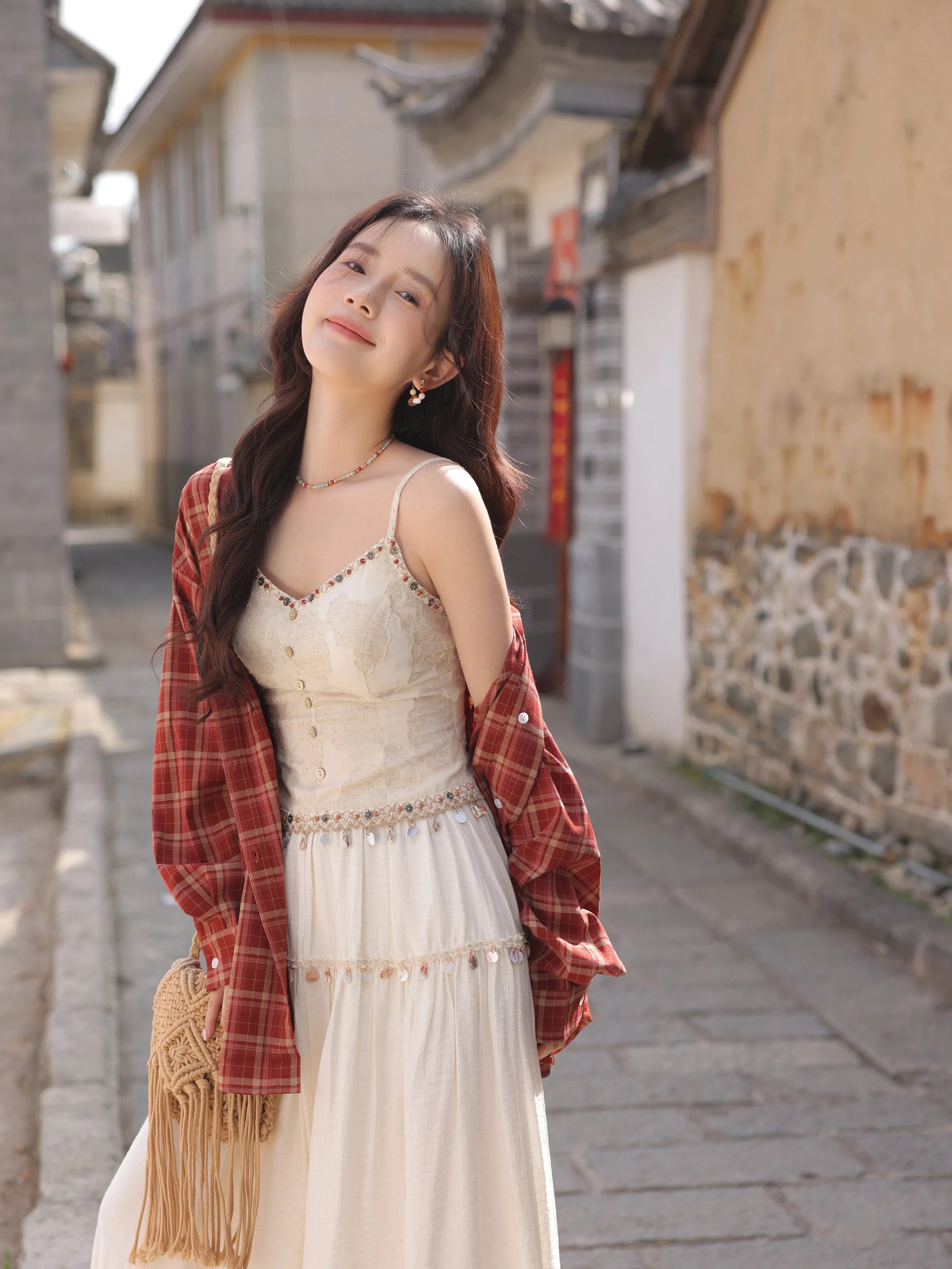 White Lace Three-Piece Set Spring Summer Slim Fit V-Neck Lace Cami Top High-Waisted A-Line Maxi Skirt Chic Red Fashion Shirt