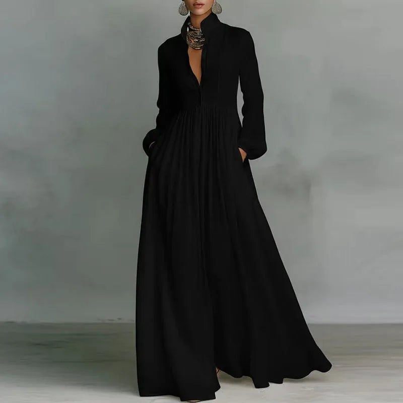 Bohemian Stand Collar Button Maxi Shirt Dress Woman Elegant High Waist Solid Party Dress Spring Long Sleeve Loose Casual Dresses