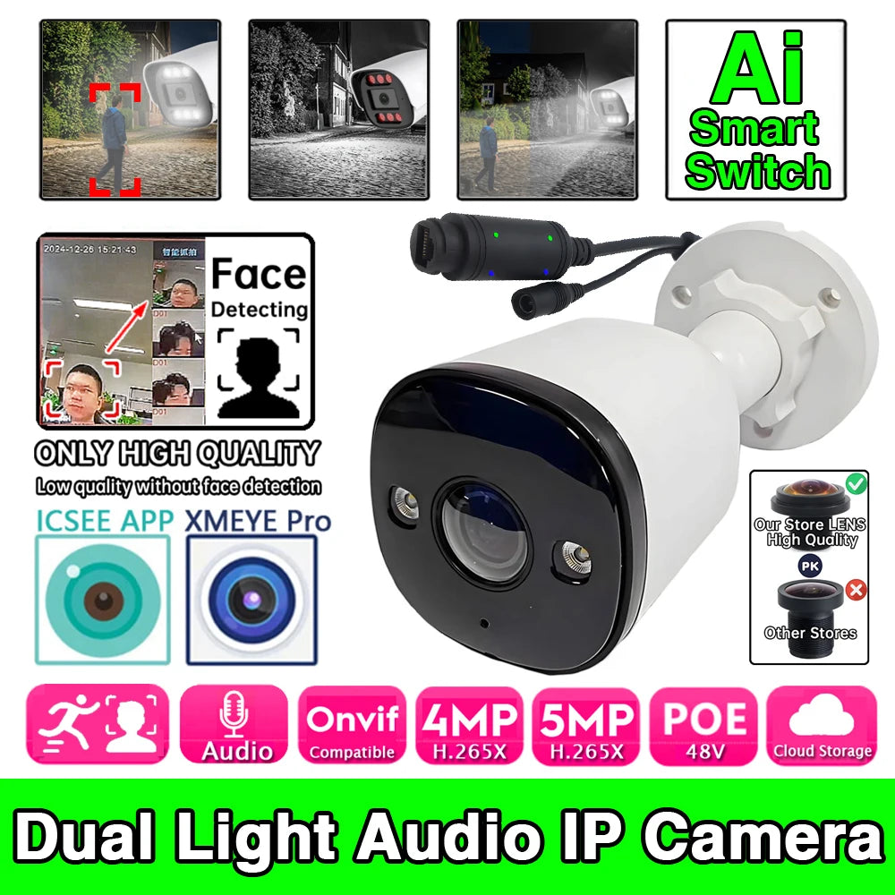 Outdoor IP POE Camera 5MP 4MP Mic Audio Infrared Full Color Dual Light RTSP Xmeye Panoramic Fisheye 1.7mm Waterproof Smart AI