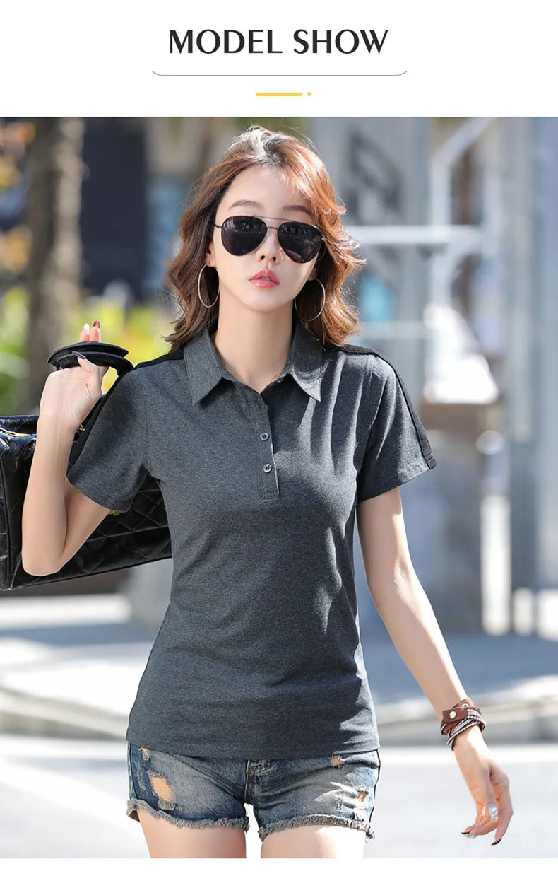 New Women Polo Shirt Summer Fashion Patchwork Button Turn-down Collar Short Sleeve Slim T-shirt Casual Basic Cotton Tees Tops