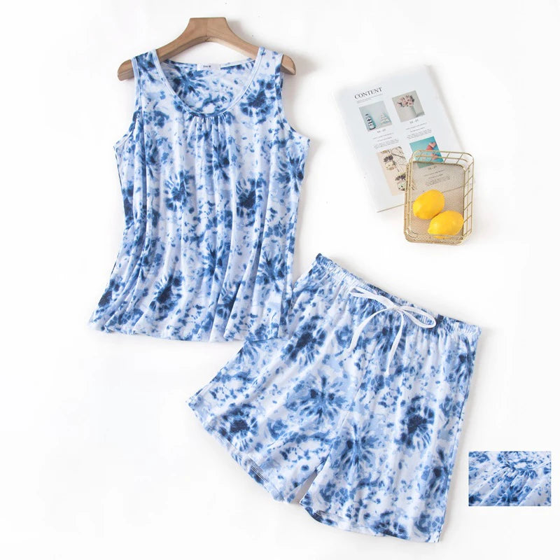 Hzioiys Summer Pajamas Sets Cotton Sleepwear Suit Women Casual Pajama Sets Cartoon Vest Shirt + Shorts Pajamas Suit Plus Size