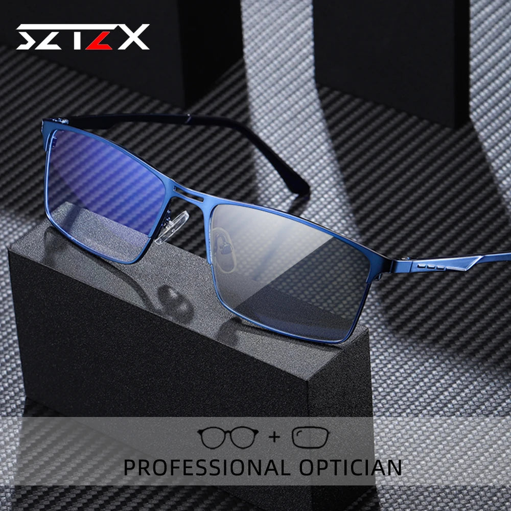 SZTZX Men Business Reading Glasses Anti Blue Light Myopia Prescription Eyeglasses Ultralight Photochromic Optical Sunglasses