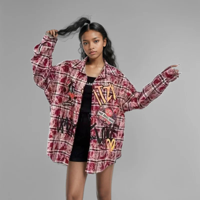 WTHT New Fashion Women's Cartoon Print Plaid Shirts 2024 Winter Trendy Single Breasted Long Sleeves Blouse Female 1LS419