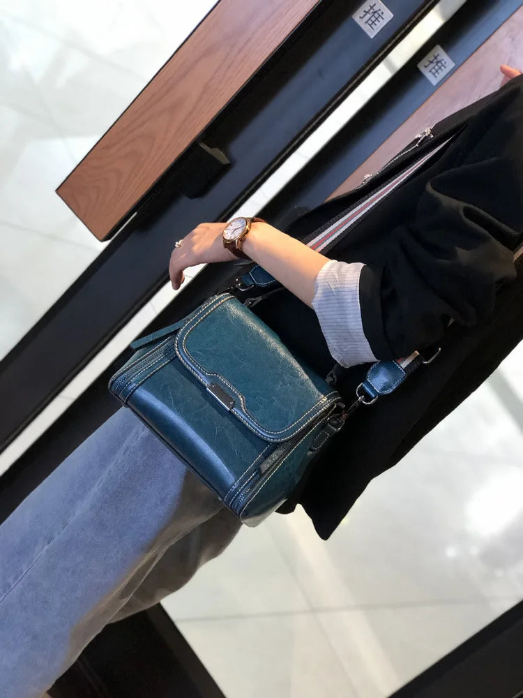 Oil Wax Cowhide Leather Women's Handbag 2024 New Crossbody Bag Lady Commuter Summer Bag Handbill Shoulder Messenger Bags