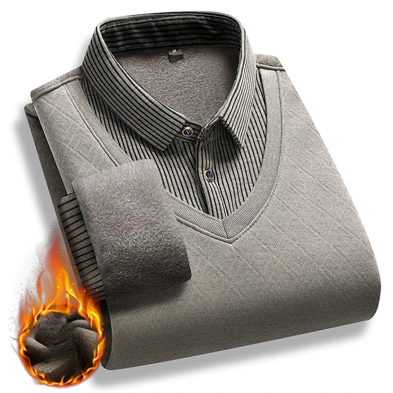 Winter Warm Thick Pullovers Men Polo Neck Fake Two Pieces Sweaters Fashion Casual Striped Fleece Lined Jumper Knitting Sweaters