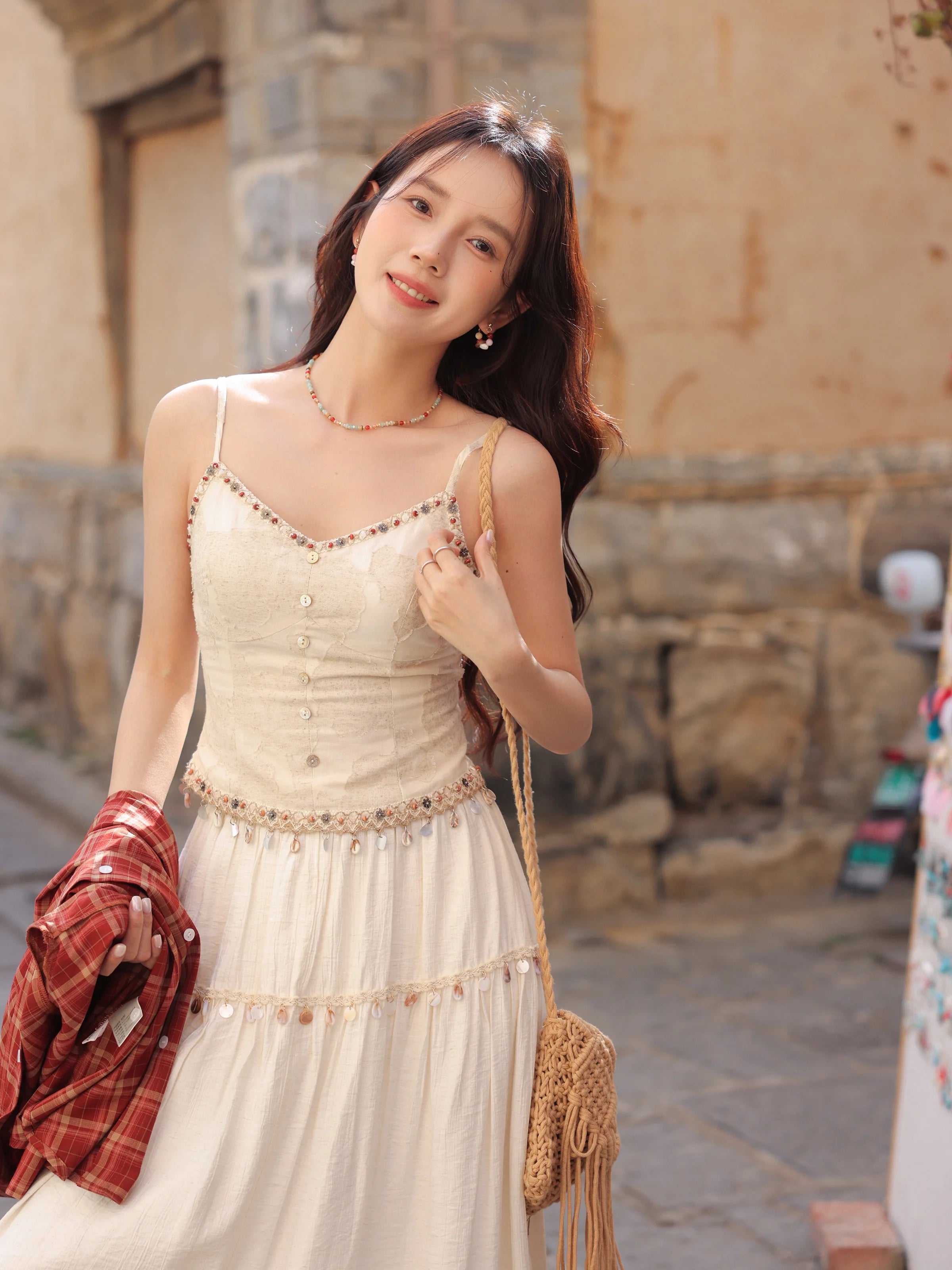 White Lace Three-Piece Set Spring Summer Slim Fit V-Neck Lace Cami Top High-Waisted A-Line Maxi Skirt Chic Red Fashion Shirt
