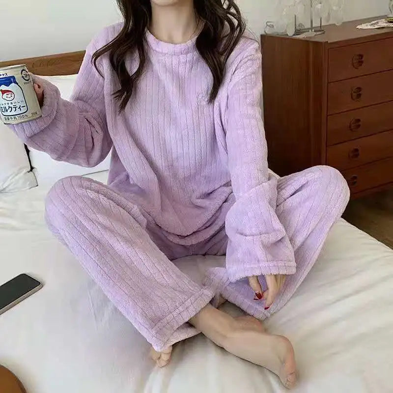 Autumn/Winter New Arrivals: Women's Warm Set Coral Fleece Pyjamas Thickened Thermal Striped Loungewear Set for Young Women