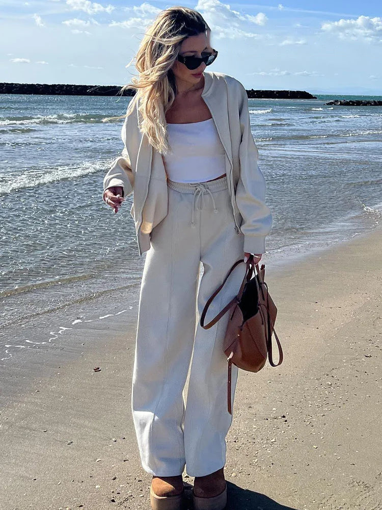HH Women's Winter Warm Fleece Lined Zipper Jacket Sweatshirt Set Fashionable Stretch High Waist Women's Pants 2-piece Set